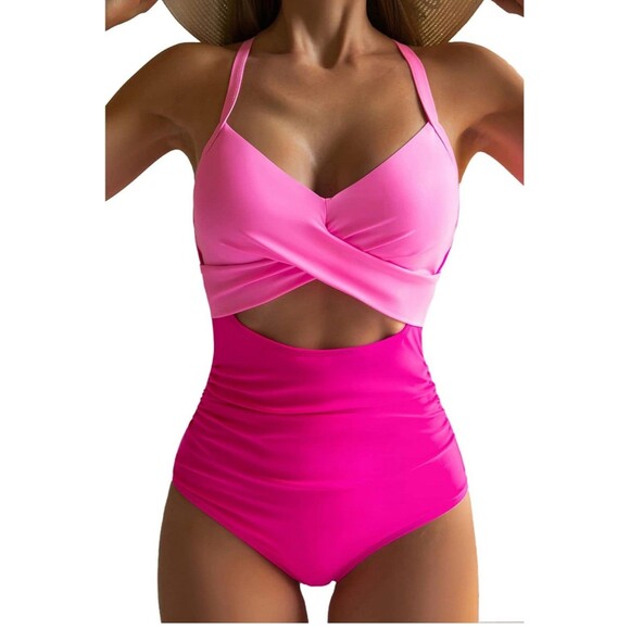 Women's One Piece Swimsuit Tummy Control Cutout High Waisted Bathing Suit pink - Picture 1 of 15